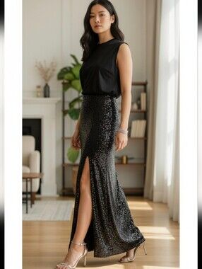 Johnny Wujek for JCPenney Black Sequin Maxi Skirt Slit Formal Prom Glam Sz L NWT